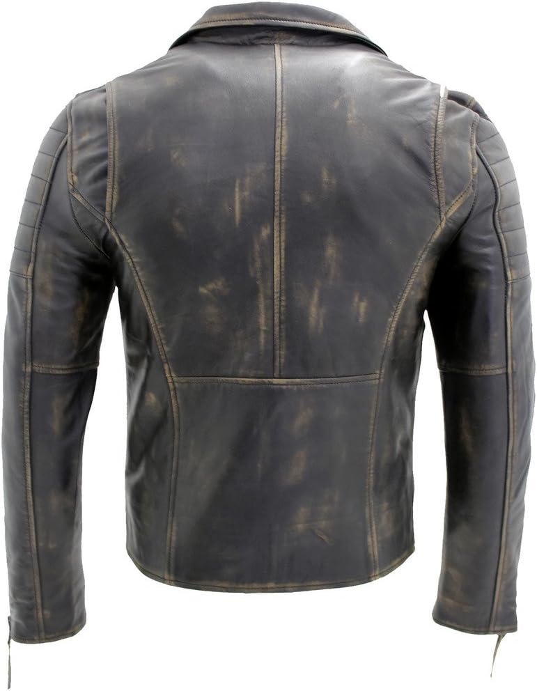 Men's Black Slim Fit Cross Zip Vintage Brando Leather Biker Jacket