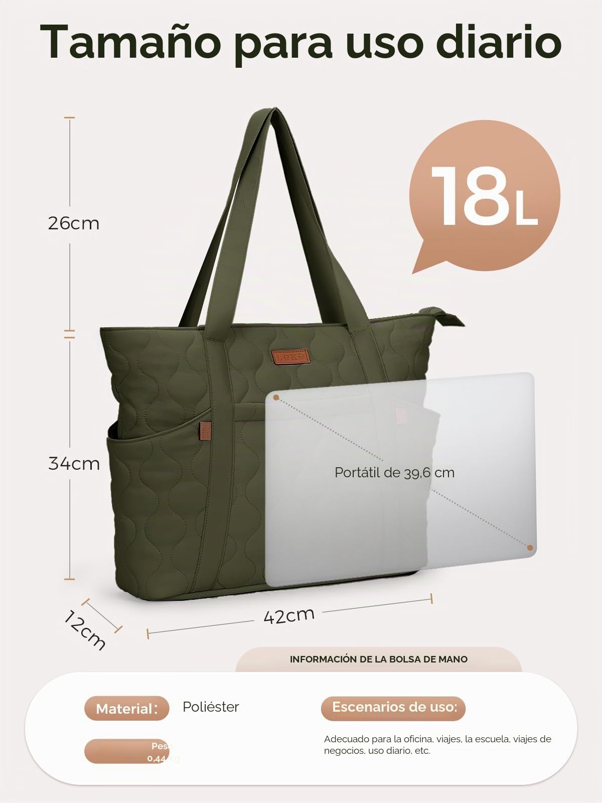 Bolso Tote Mujer Grande, Bolso Shopper Acolchado Ligero con Compartimento para Portátil de 15,6", Bolsa de Hombro con 8 Bolsillos para Trabajo, Universidad y Viaje