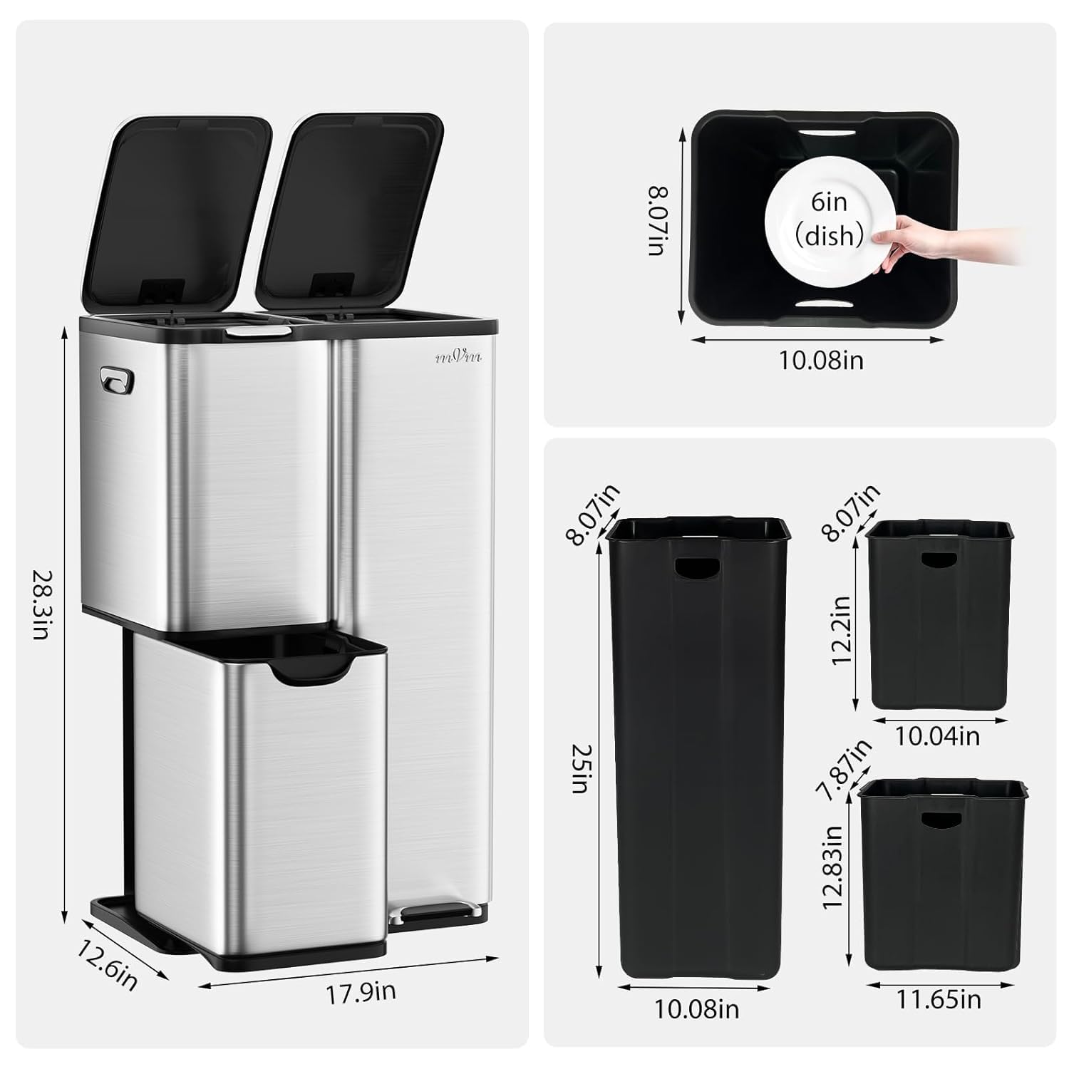 mVm Mülleimer Küche,60 Liter Treteimer,3 Fächer, Mülltrennsystem, Abfalleimer Küche mit Inneneimer aus Kunststoff,Metall,Klappdeckel, Softclose, Luftdicht