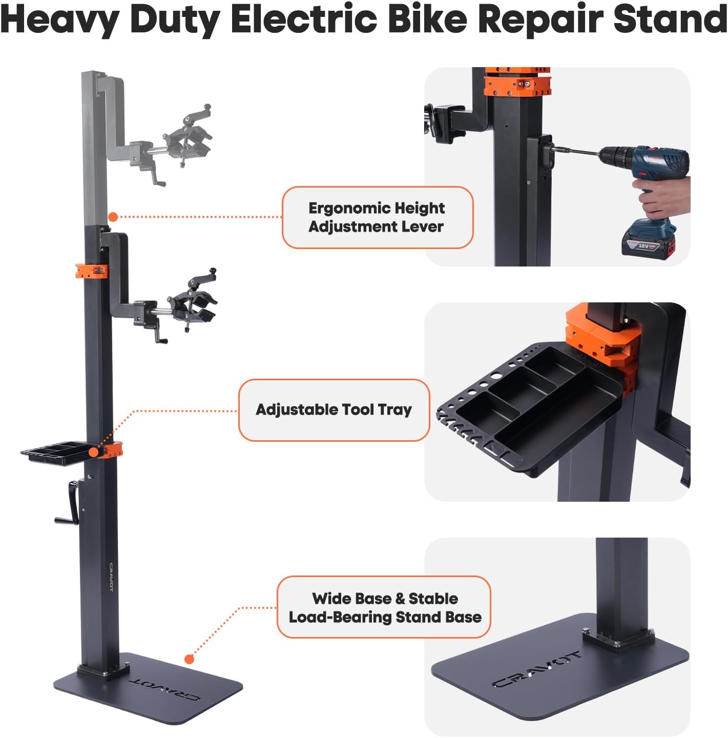 Ebike Repair Stand, Bike Lift Workstand Mechanic Bicycle Repair Stand 165lbs Capacity with Adjustable Height, Rotating Clamp, Tool Tray, for Electric, Heavy Duty Bikes, Home Bicycle Maintenance Stand
