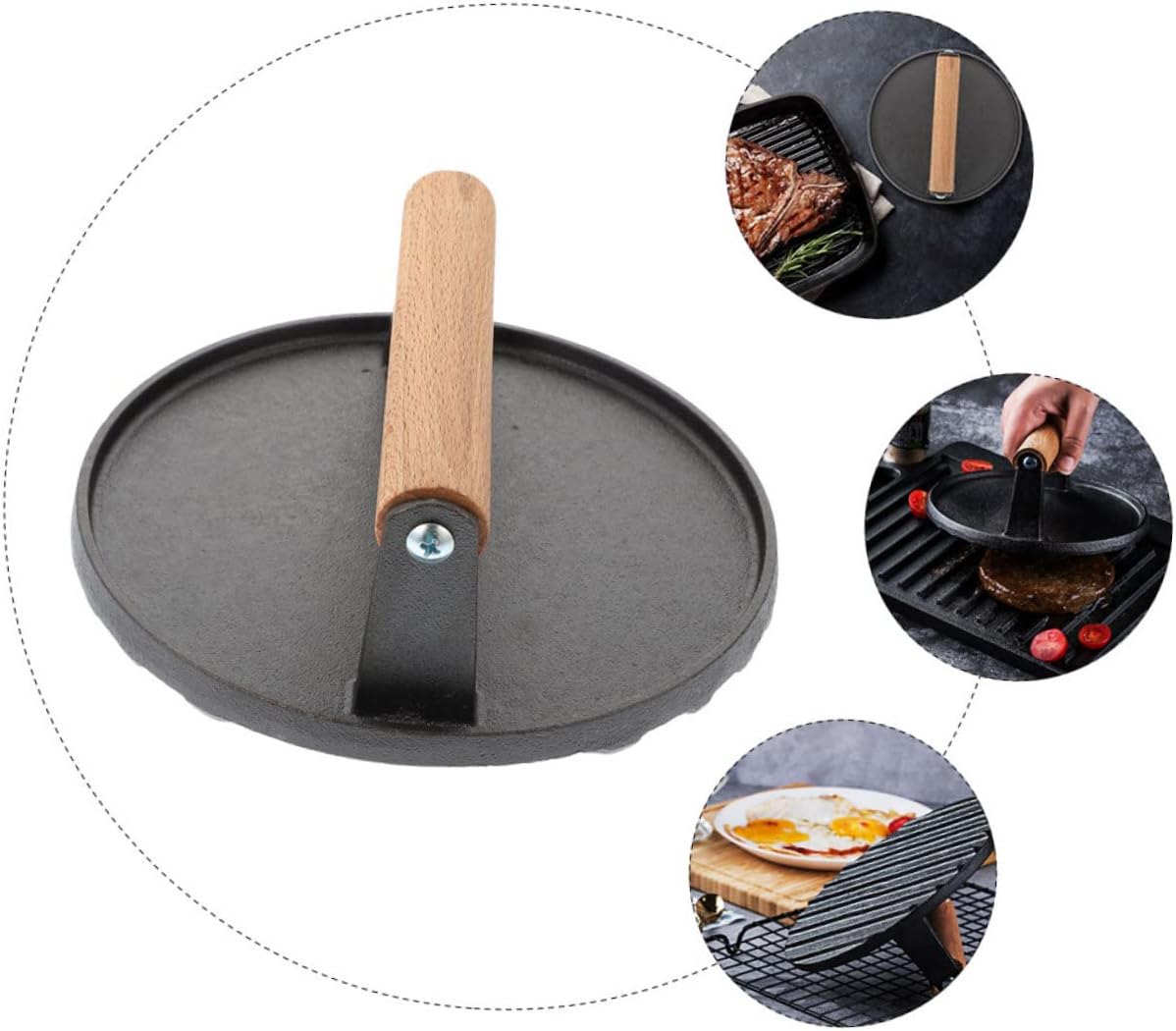VICASKY Cast Iron Burger Press for Griddle Round Meat Press for BBQ Heavy-Duty Kitchen Tool for Cooking Juicy Hamburgers and Sandwiches