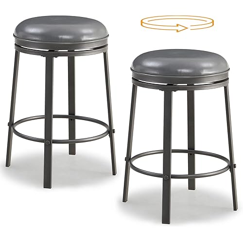 OUllUO Swivel Bar Stools Set of 2, 25 Inch Backless Counter Bar Height Stools, PU Leather Round Kitchen Counter Stools, Industrial Kitchen Island Stools with Metal Base, 520P-SGPU, Grey, 2Pcs