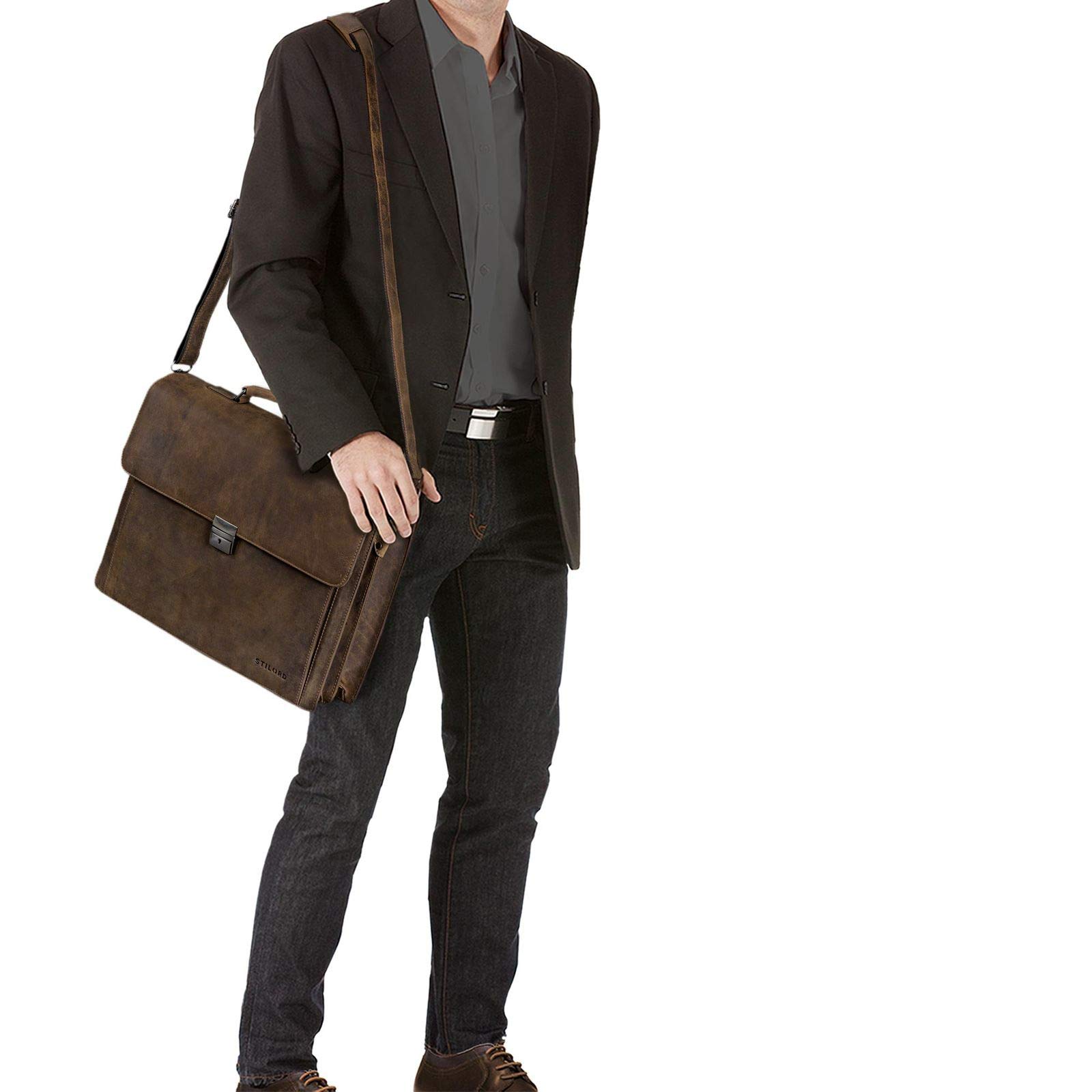 STILORD Johann Klassische Aktentasche Herren Damen Businesstasche für 15,6 Zoll Laptop passend für große DIN A4 Ordner mit Schloss Rinds Leder Farbe:Sepia-braun
