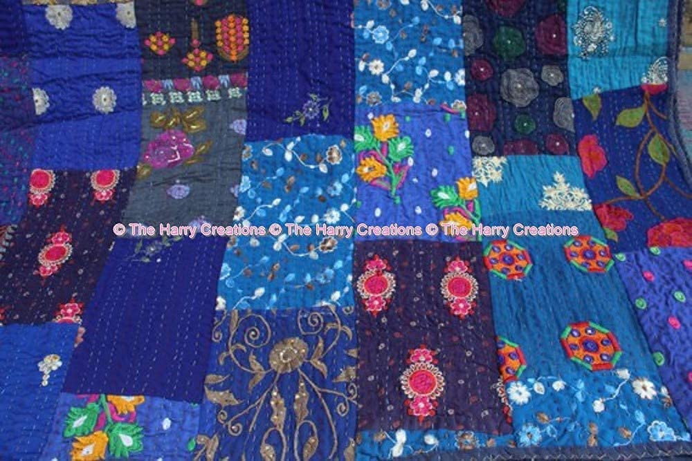Colcha Patchwork Vintage Kantha Con 2 Fundas De Almohada - Algodón 100%, 228x274 Cm, Bordado A Mano único