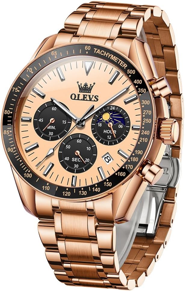 OLEVS Men Skeleton Watches Stainless Steel Analog Quartz Moon Phase Male Watch, Diamond Multi Calendar Chronograph Watch,Waterproof Wrist Watch for Men