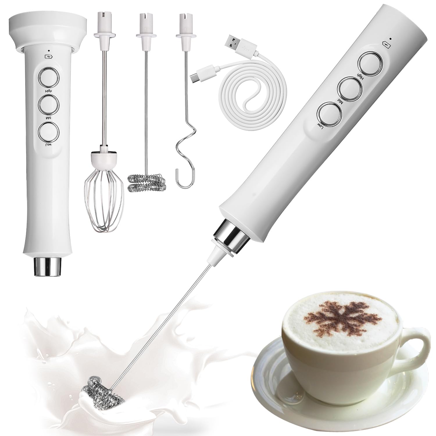 Montalatte Elettrico USB, frullino montalatte con 3 frullino in acciaio inox,3 velocità regolabili,Potente Schiumalatte Elettrico per Caffè, Latte, Cappuccino, Matcha (bianco)