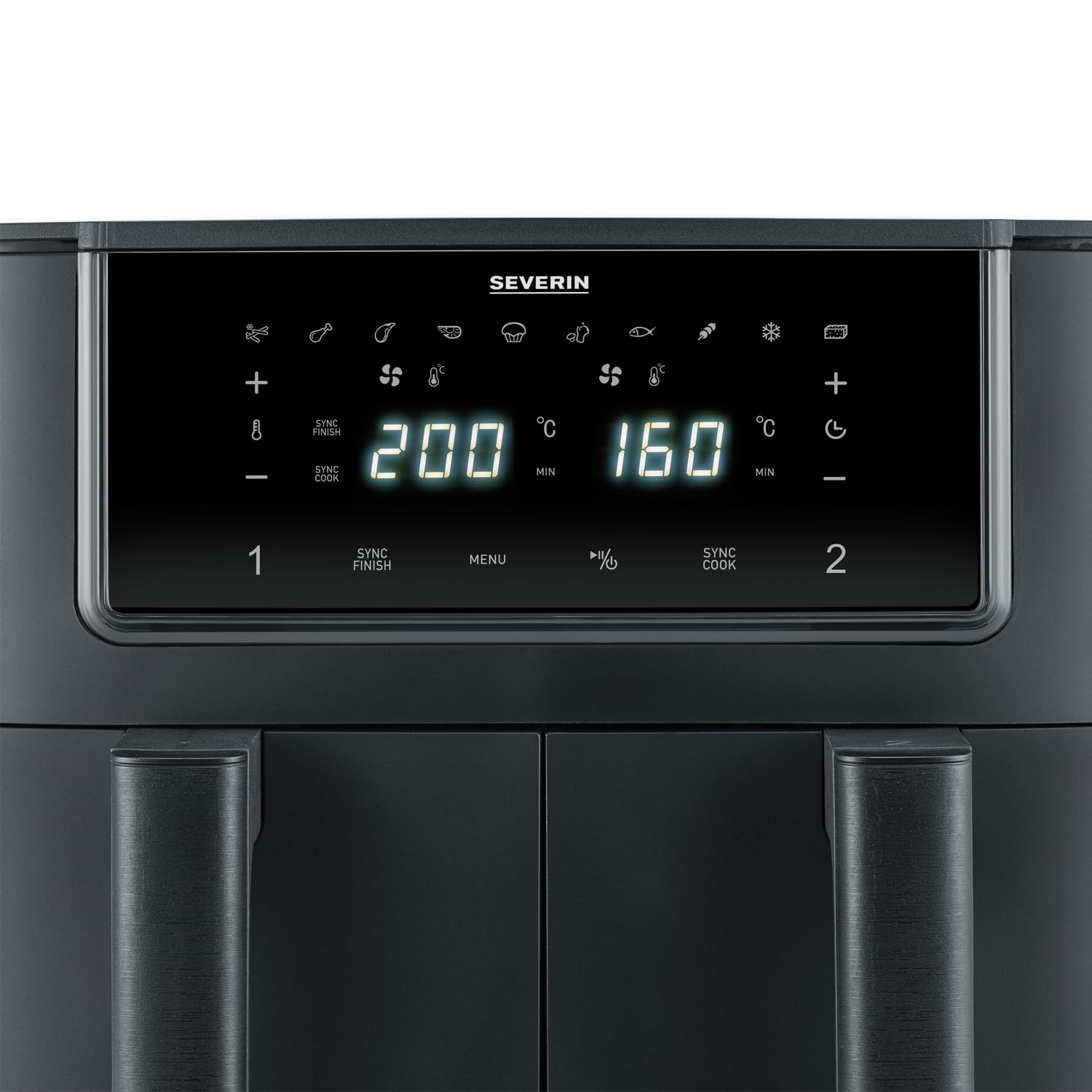 SEVERIN Friggitrice ad Aria Calda Dual Zone, 2600W, 8 Litri (2x 4L), Display Touch, 11 Programmi, Funzione Sync Cook e Finish, Mantenimento Caldo, 39,5 x 37,6 x 29,8 cm, Nero/Inox - FR 2463
