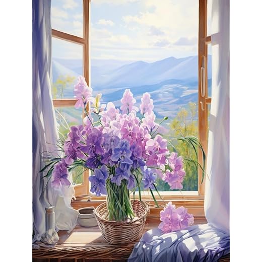 Taxpy Pinturas al óleo para pared Ramo azul en el alféizar de la ventana,K,60 * 80cm Cuadros en Lienzo Pintura Sala de Salón Decoración Dormitorios