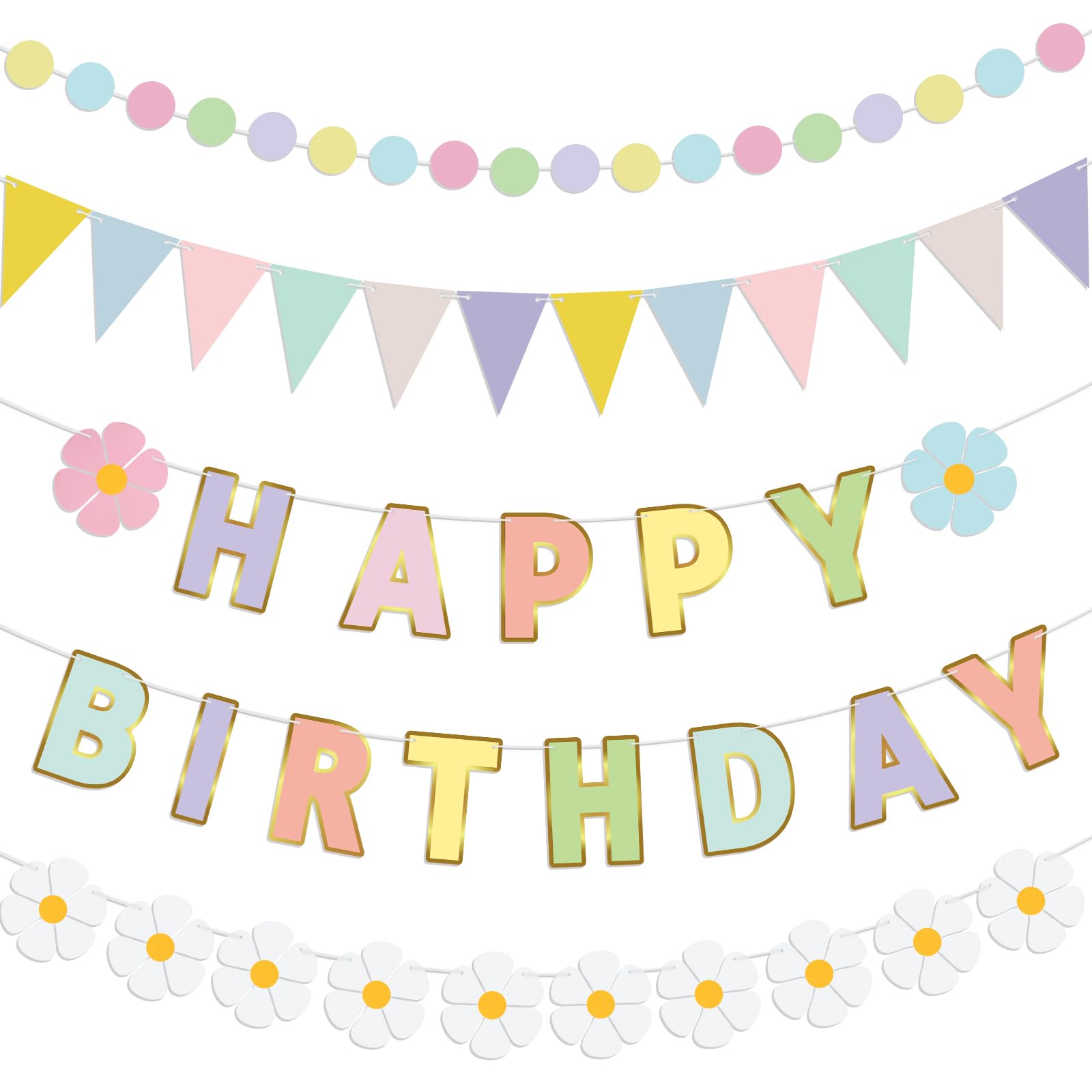 Sinload 5 Pcs Macaron Daisy Birthday Party Bunting Banner, Pastel Birthday Decorations Pennant Banners Daisy Party Backdrop Supplies