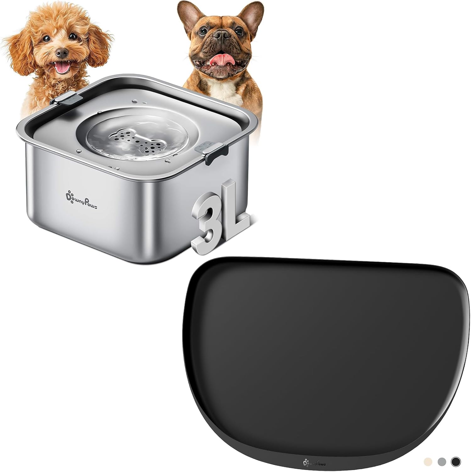 DownyPaws No Spill Water Bowl for Dogs,101oz/3L Stainless Steel Slobber Stopper Silver and Dog Cat Food Mat for Food and Water, Black