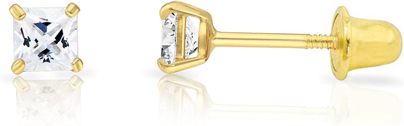 14k Yellow Gold 3MM Cubic Zirconia Princess Cut Stud Earrings with Screw Backs