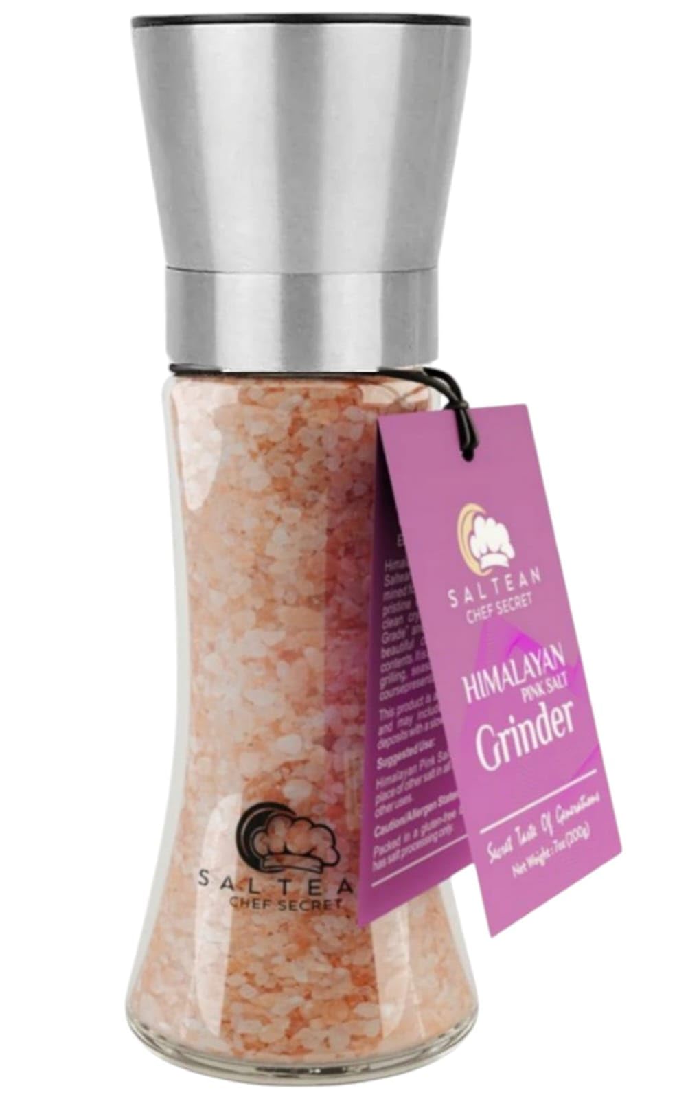 SALTEAN Himalayan Pink Salt Adjustable Grinder Tall |FOOD GRADE- COARSE |BRC-KOSHER-HALAL CERTIFIED| 200G salt With bottle Total Weight 500g "Salt Range Pakistan"