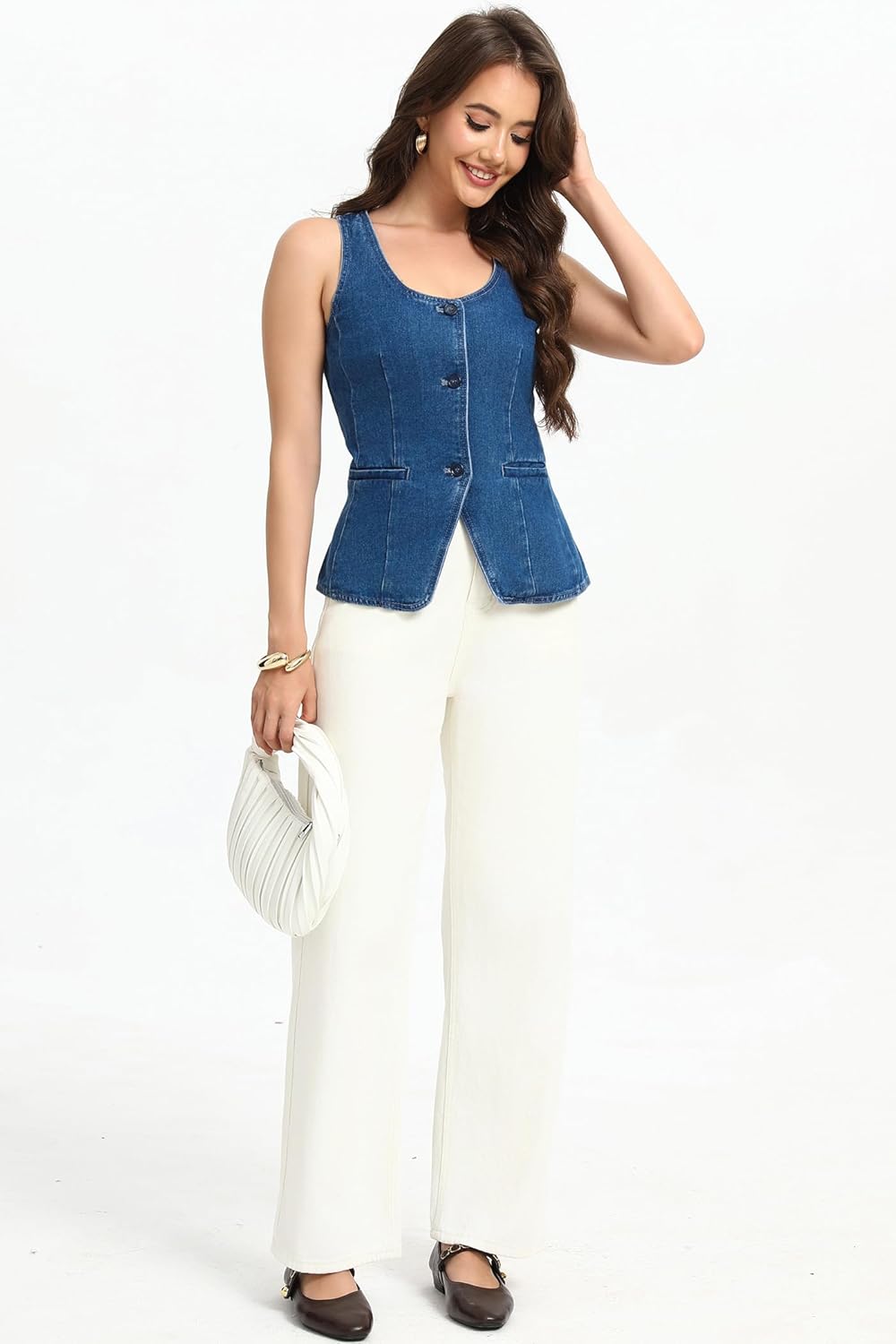 D-Sun Women Sleeveless Denim Vest Button Down Scoop Neck Jean Waistcoat Fashion Front Slit Denim Tank Top with Pockets