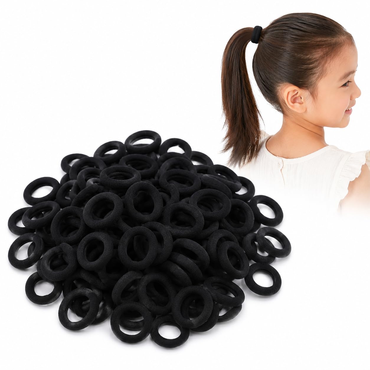 Baby Hair Ties for Girls and Kids Soft Premium Cotton Mini Hair Elastic Rubber Bands Stretchable No Damage Non-Slip Small Ponytail Holder Tiny Hairband (Pack of 100) (Black)-image-49