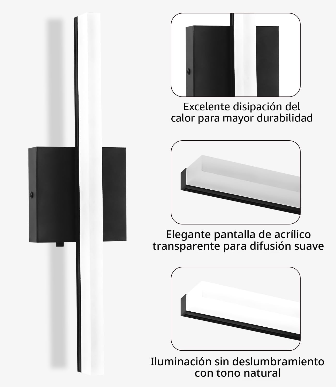 Lámpara de Espejo para Baño 40CM, Luz LED de Baño 3000-6000K con Control de Color, Aplique para Espejo con Pantalla Acrílica, Bajo Consumo y Duradera, Luz de Pared Moderna para un Ambiente Acogedor