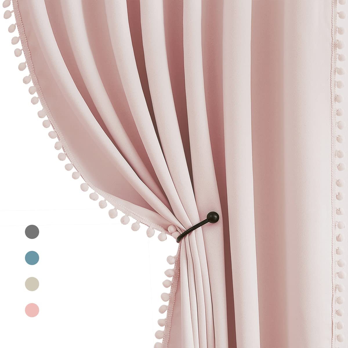 Treatmentex Blickdicht Vorhang mit Pompons Rosa Vorhang mit Ösen Landhausstil Wärmeisoliert Thermovorhang Verdunkelungsvorhänge für Mädchenzimmer,Wohnzimmer,Schlafzimmer-2 Stück(Rosa,140x225cm)