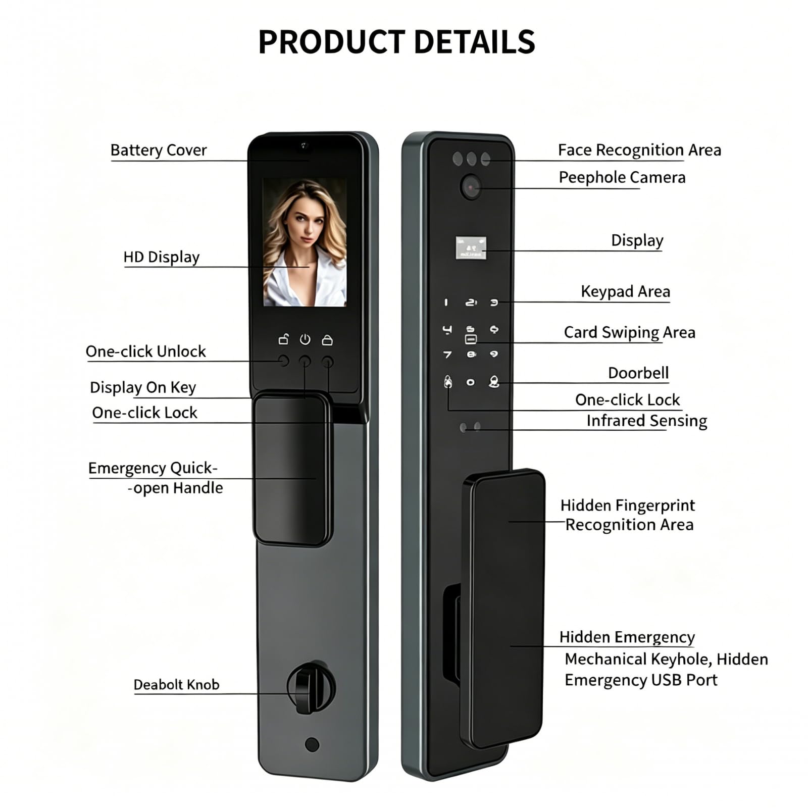 Serrure de porte intelligente avec caméra, empreinte digitale, mot de passe et accès aux cartes – Entrée sans clé pour la sécurité à domicile