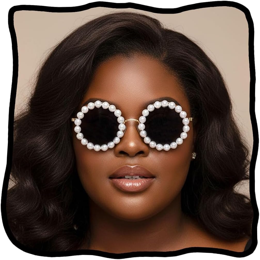 Woeoe Pearl Round Sunglasses Circle Sun Glasses for Women White Trendy Eye Glasses Classic Shades Vintage Men Bling Party Sunglasses Eyewear