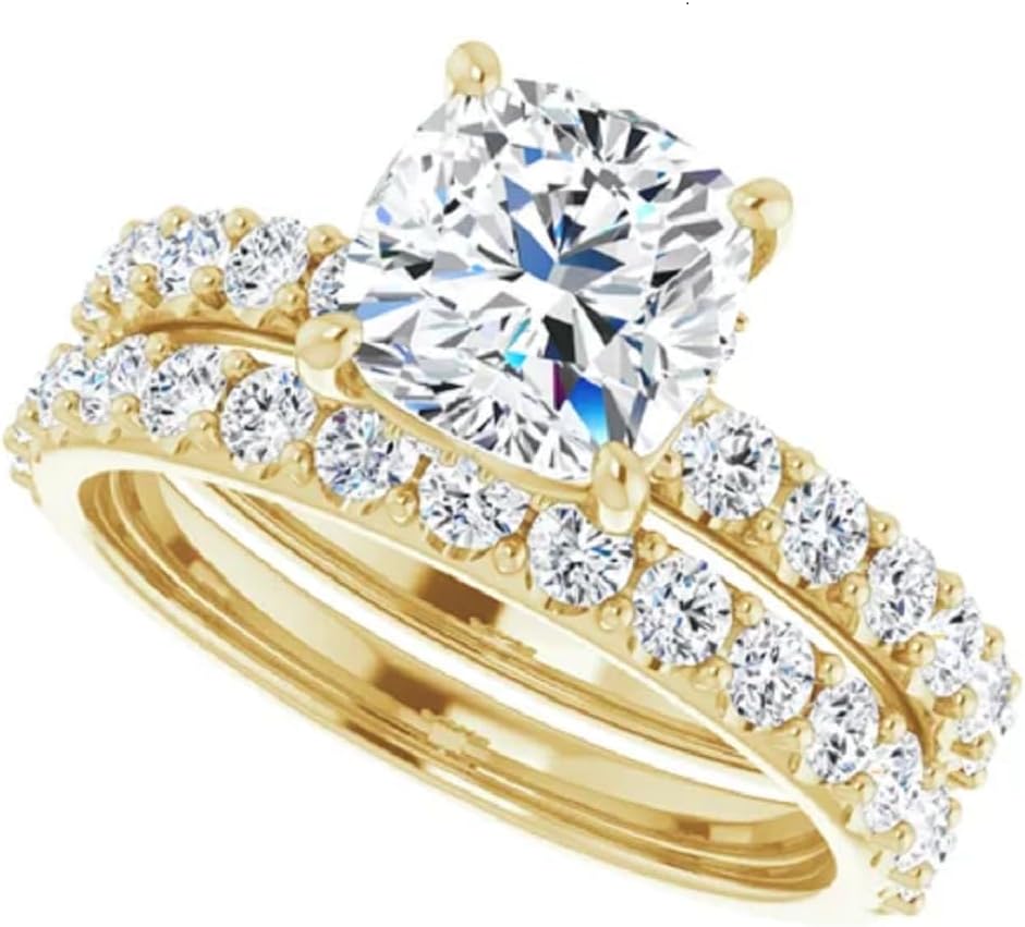 10K Solid Yellow Gold Moissanite Diamond Solitaire Engagement Ring Set, 1-5CT Cushion Cut, Handmade Wedding Bridal Ring for Women