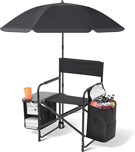 Karenhi Silla plegable para acampar con toldo y sombrilla extraíble, mesa auxiliar, bolsa refrigeradora, silla portátil para directores de playa