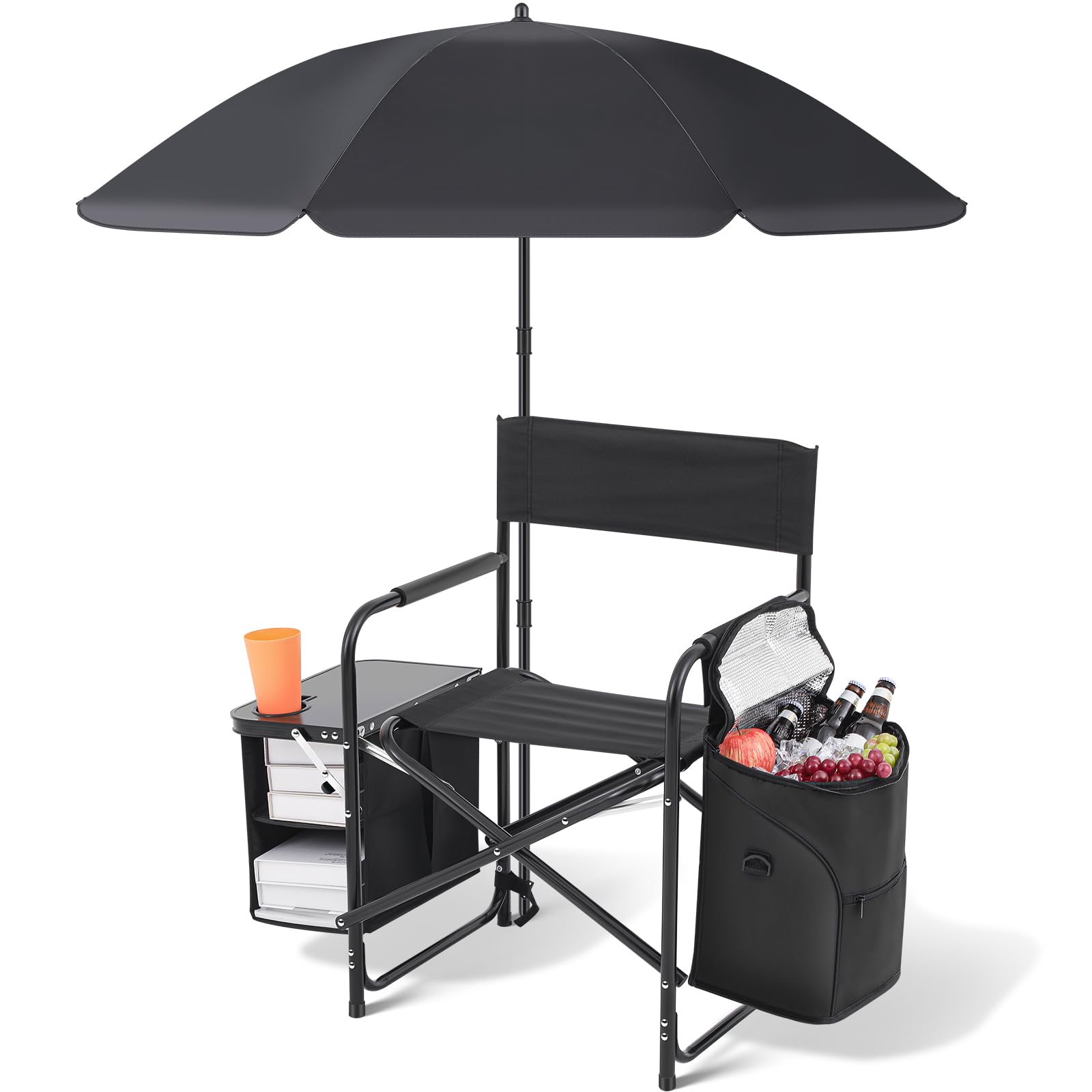 Karenhi Folding Camping Chair with Side Table, Cooler Pouch and Detachable Parasol Umbrella Portable Foldable Directors Chair for Adults Outdoor Camp Lawn Picnic Fishing Beach BBQ Travel