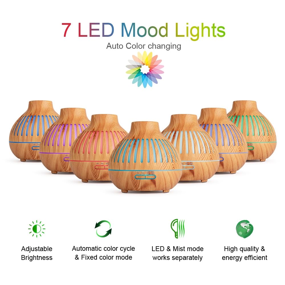 Essential Oil Diffuser, Aromatherapy Diffuser 500ml with Remote Control, 4 Timer & Auto-Off Safety Switch, 7 Color LED Lights Mode, 10 Hours Quiet Humidifier for Bedroom, Office & Home (G.Light Brown)