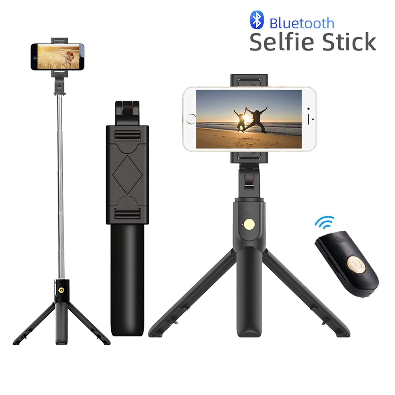 SCRUBY Bastone per selfie wireless Bluetooth, pieghevole, mini treppiede per otturatore, telecomando per selfie portatile, supporto per telefono (nero)