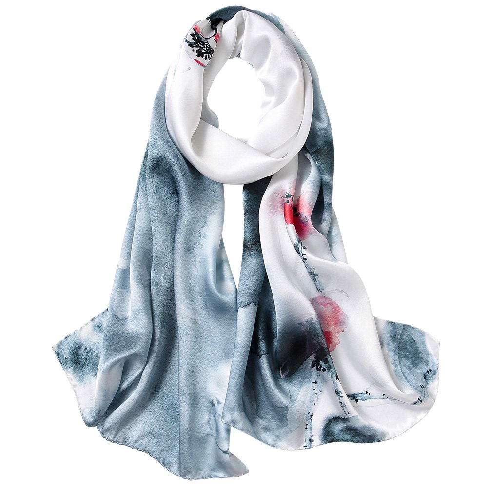 STORY OF SHANGHAI Sciarpa di 100% Seta da Donna Foulard Chiffon con Fantasie Orientale Semi-Trasparente
