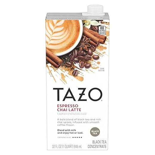 TAZO Espresso Chai Latte, Black Tea Concentrate, Easy to Serve Espresso Chai Tea for Everyday Cafe Style Lattes, Hot or Iced Coffee-like experience, Barista Approved, 32oz Tea Mix Carton