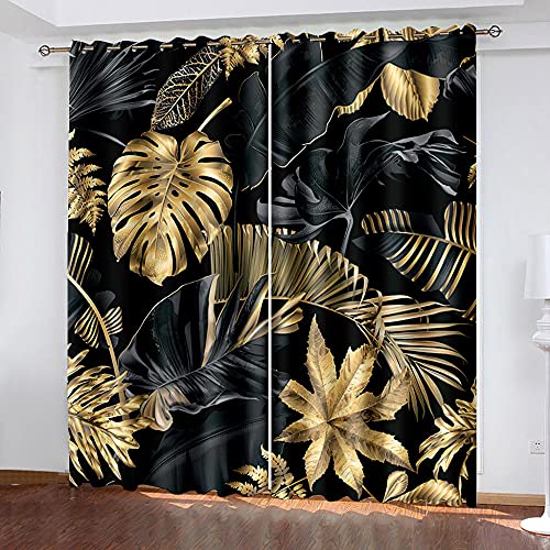 YTSDBB Rideau Opaque Plante Or Art créativité L 280 x H 260 cm 3D Impression Salon Moderne Isolant Thermique Et ?Sonore Oeillets Polyester 2 Pièces pour Chambre Salle de Jeux Cover