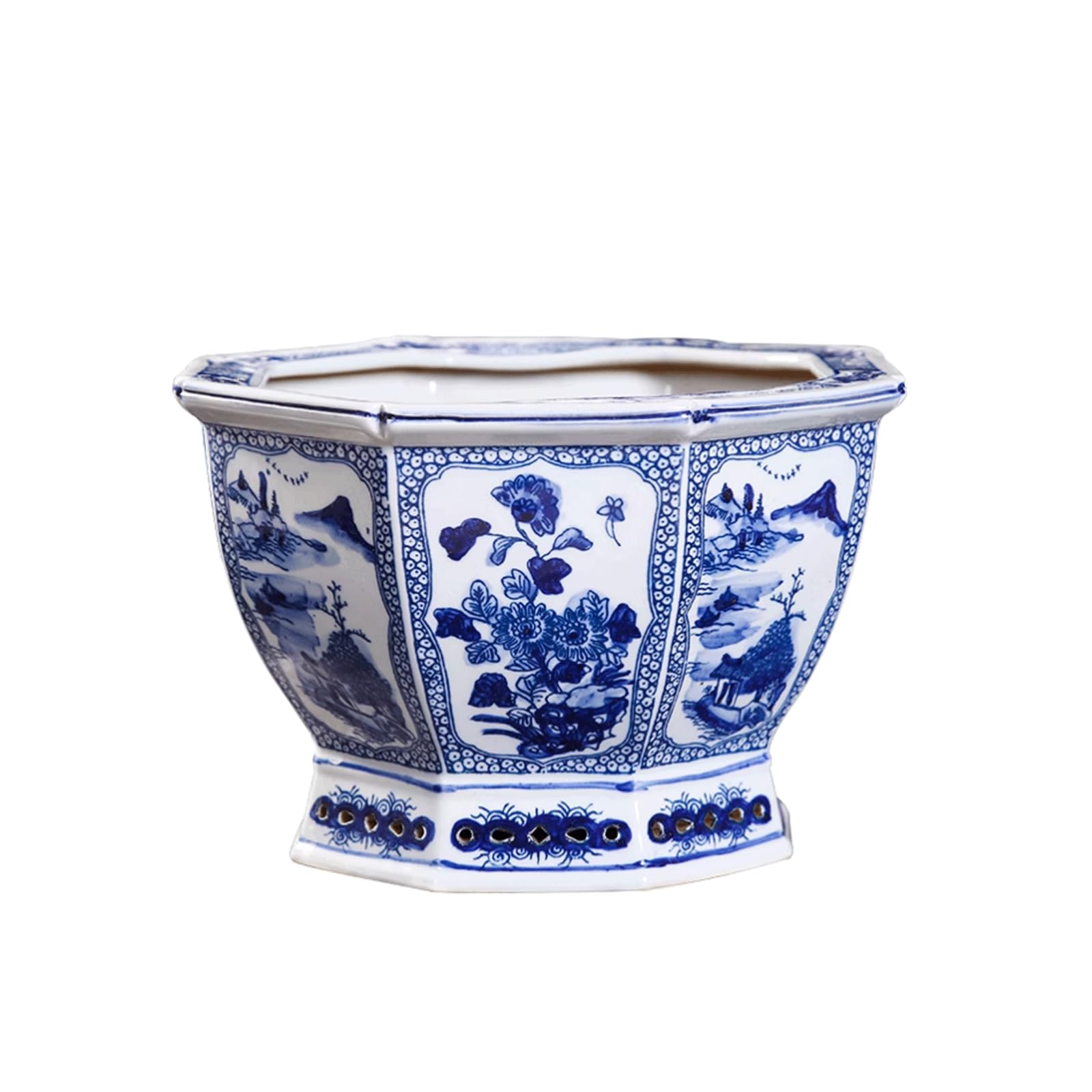 HTYUKFDG Blue and White Floral Porcelain Flower Pot Chinoiserie Jingdezhen Hexagon Ceramic Planter Pot Classic Traditional Plant Pot with Drainage Hole for Garden Entryway