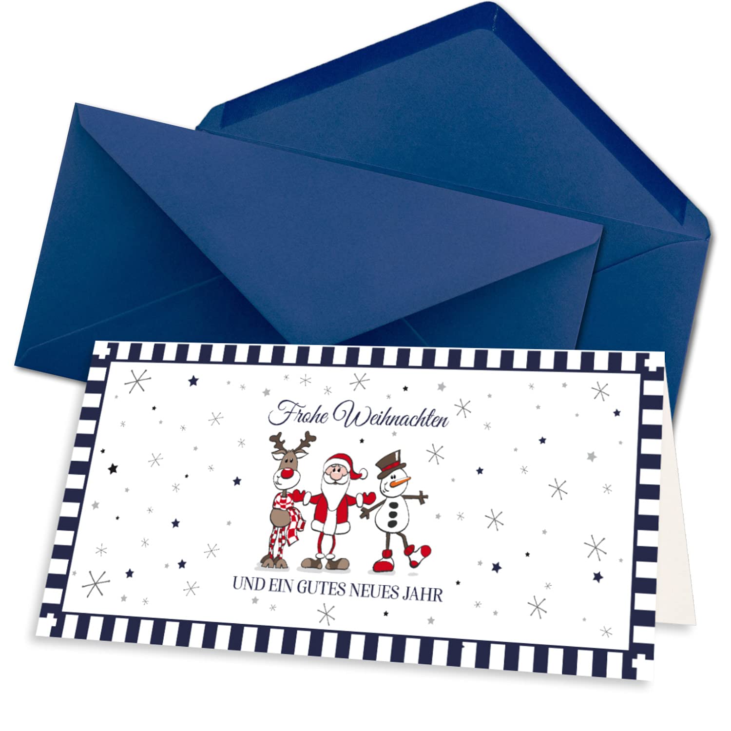 Juego de 200 tarjetas de Navidad DIN largo en color blanco con figuras de Navidad y texto – Tarjetas plegables con sobres DIN largo azul oscuro con adhesivo húmedo – saludos de Navidad para empresas