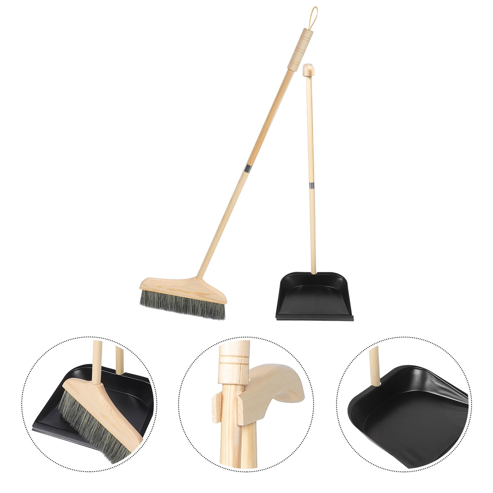 Escoba y Recogedor Domésticos de Madera Cerdas Negras, Mango Largo Ergonómico, Set de Limpieza para Interiores y Exteriores, Adecuado para Hogar, Garaje y Taller