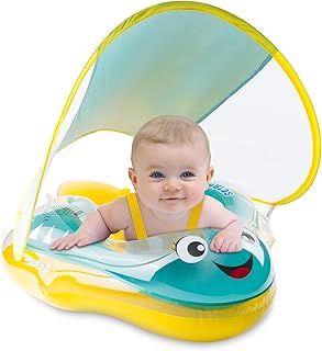 Baby Swimming Float Inflatable Baby Pool Float Ring, Over for Age of 3-36 Months with Removable Sun Protection Canopy, Safety Bottom seat Support, add Tail, no flip, Kids Swim Toys