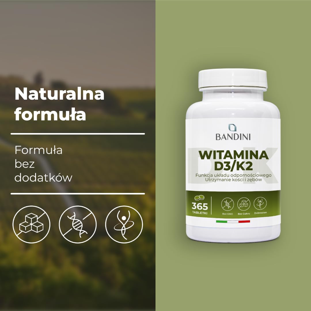 Bandini® Witamina D3 K2 365 Tabletek Witamina D3 (2000 IU) i K2 MK-7 (200 µg) - Wysokie dawki wspierające odporność, kości i mięśnie | Bez GMO i soi | Suplement na 12 miesięcy.