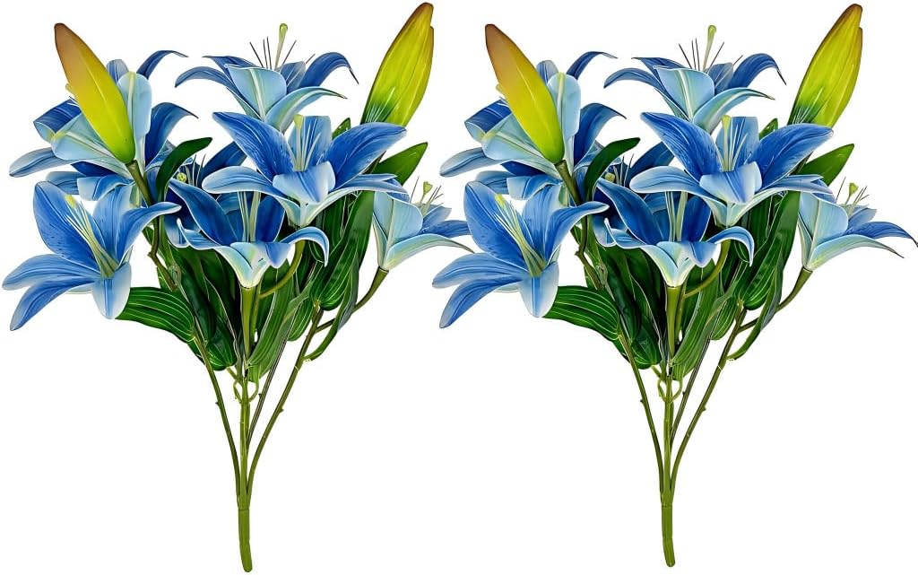 ATFL Artifical Lily Flowers 18 Heads, 5 Forks Long Stem Faux Fake Tiger Lily Flower Bouquets for Home Hotel Office Party Decor Table Centerpieces (2, Blue)