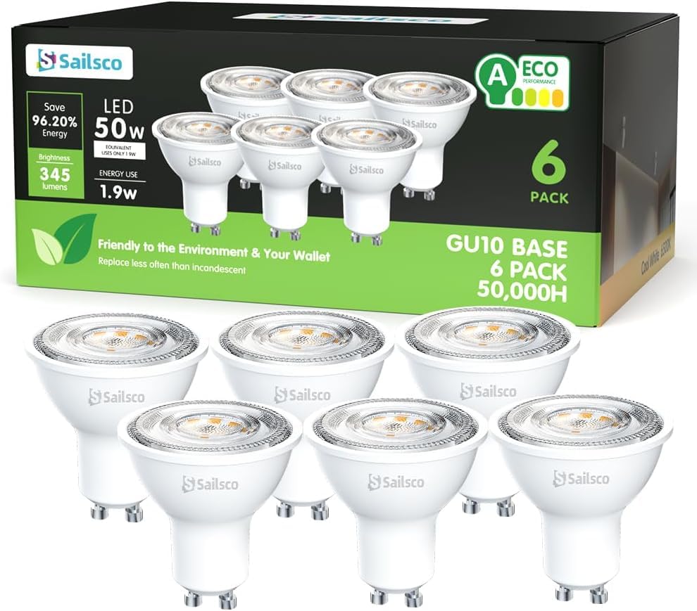 sailsco Energieklasse A GU10 LED Kaltweiss Lampe 1.9W 345LM 6500K Kaltweiß GU 10 Spot Energiesparlampe 50W Glühbirne Ersetzt 36 Abstrahlwinkel G10 Leuchtmittel Nicht Dimmbar 6 Stück
