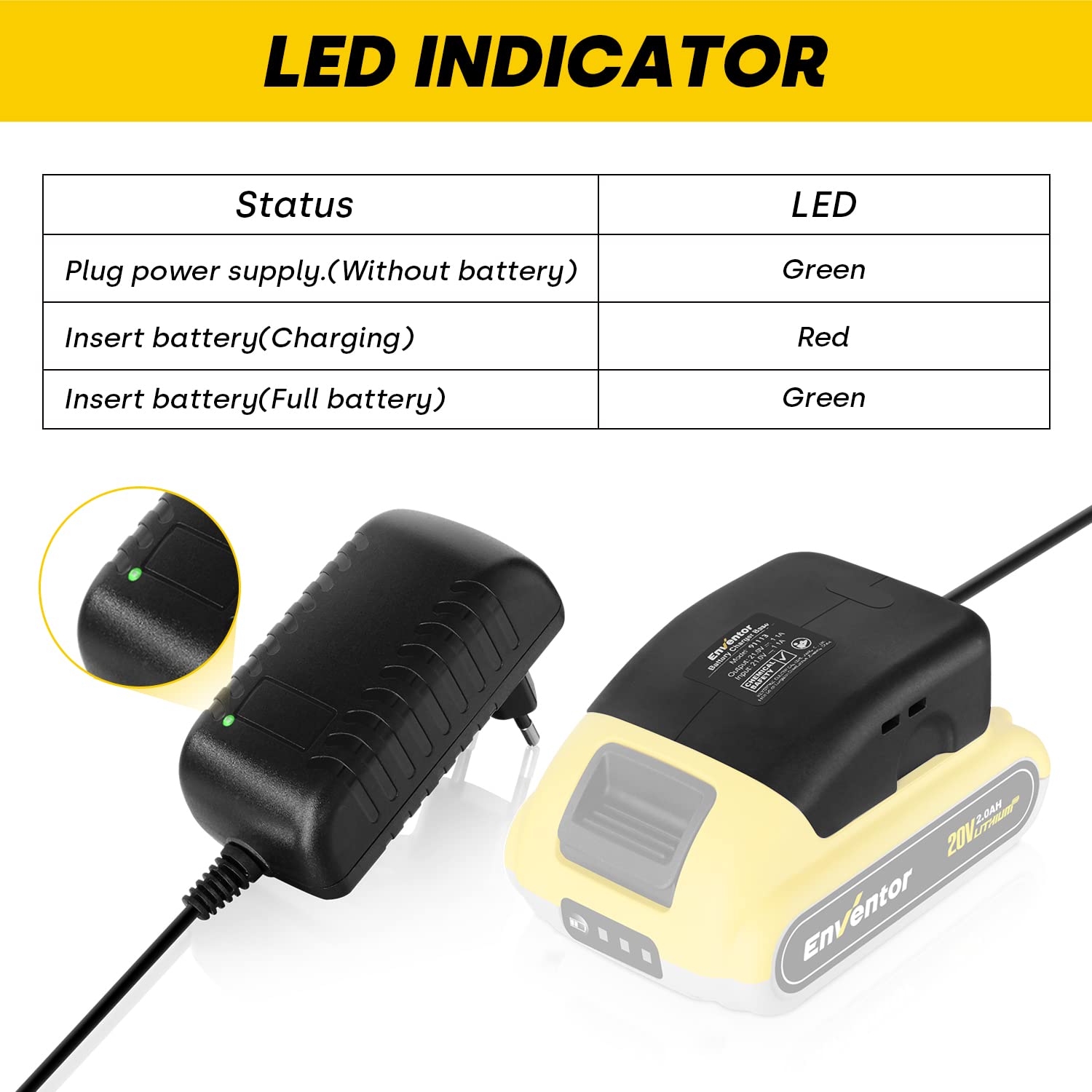 Ładowarka do akumulatorów, ENVENTOR 1,1 A do akumulatorów litowych ENVENTOR 20 V 2,0 Ah / 4,0 Ah