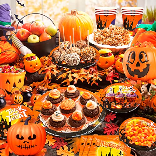 185 Pcs Halloween Party Supplies Tableware Set Includes Halloween Plates Cups Napkins Tablecloths Banner And Halloween Disposable Tableware Set For Kids Home & School,Serves 24 (Orange) #TOP2