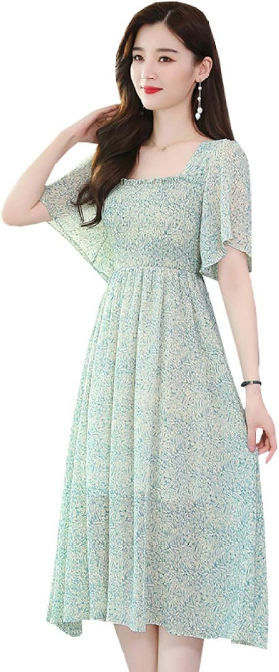 Amazon Co Jp レディースワンピース 夏 花柄 シフォン 膝丈 半袖 ゴムウエスト ドレス Aライン 大きいサイズ ゆったり 裹地付き きれいめ 甘い 着痩せ 通勤 通学 旅行 ビーチ リゾート お出かけ パープル グリーン ピンク S Xl 服 ファッション小物