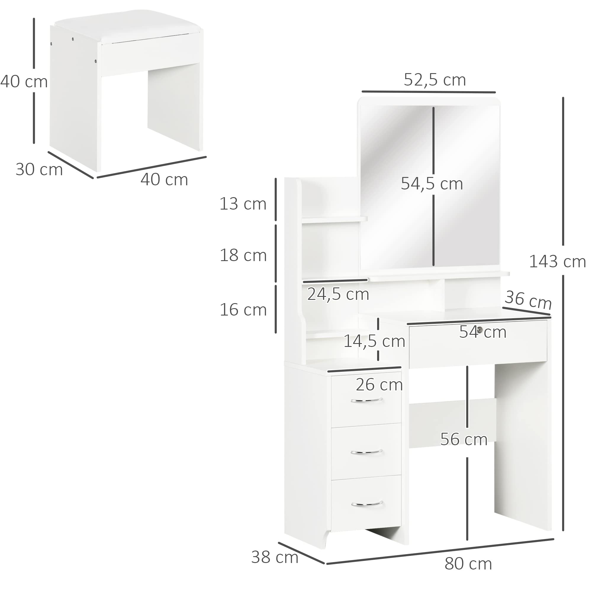 HOMCOM Ensemble de Coiffeuse Grand Miroir Tabouret Rembourré Blanc | Table de Maquillage, Plusieurs Étagères Ouvertes, 4 Tiroirs