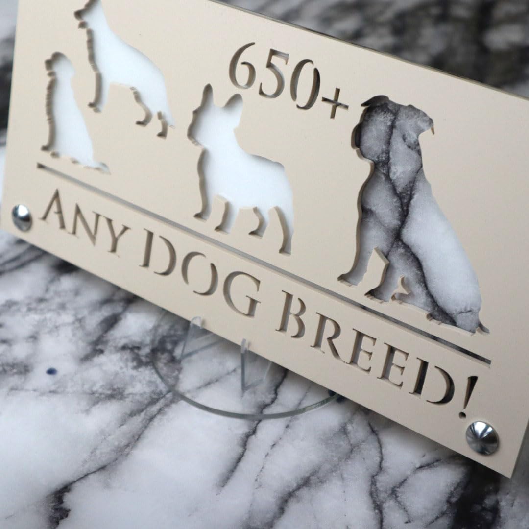 K Smart Sign | 280mm x 140mm | Personalised Dog Luxe property house Dogs wall number address Any-Dog personalised plaque numbers signs fully personalised choose your own (Beige & White Marble)