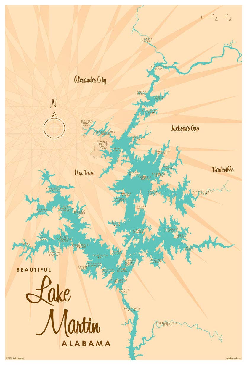 Lake Martin Alabama Map Giclee Art Print Poster from Illustration by Lakebound 12" x 18"