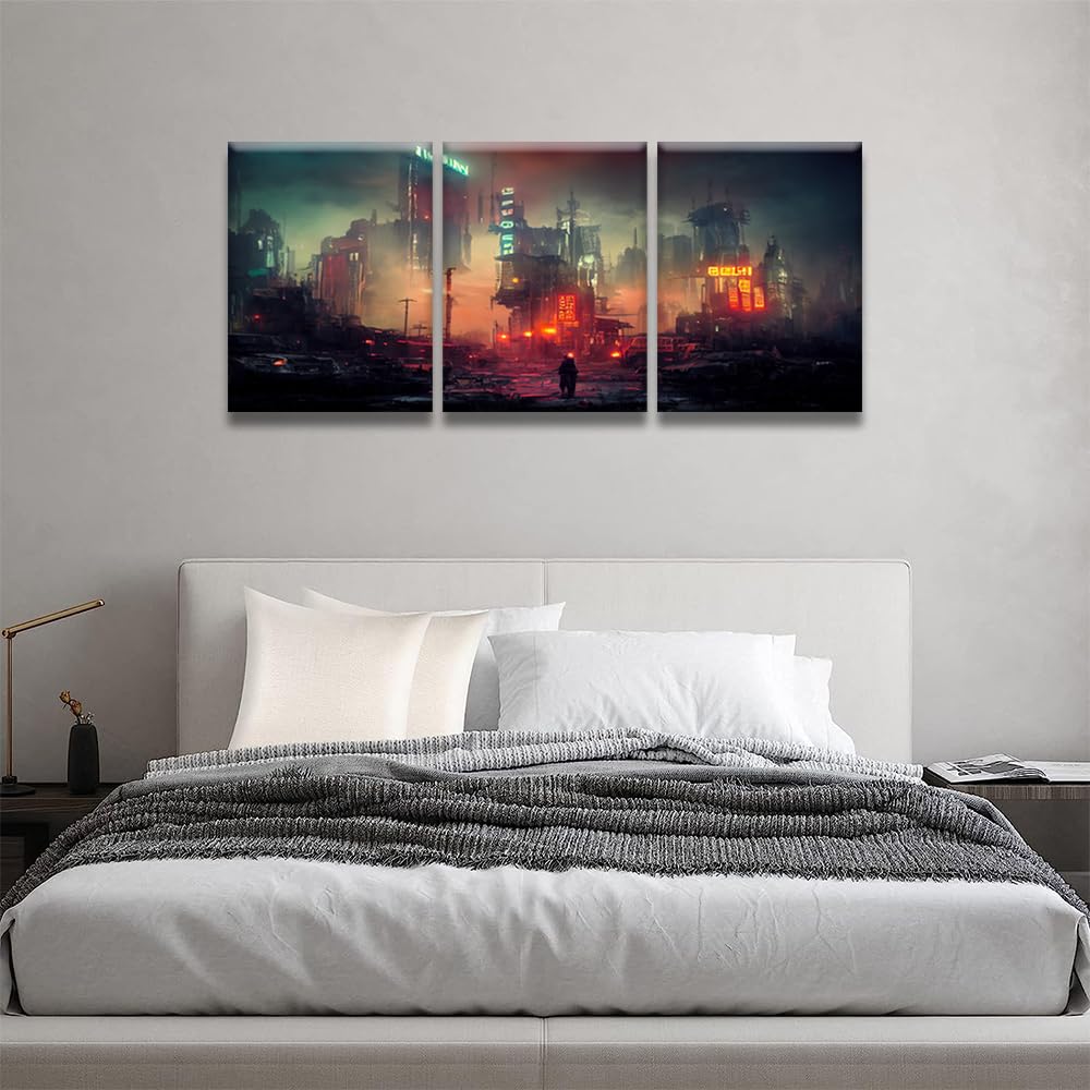 LSIUHWUWI 3 immagini da parete per soggiorno Cyberpunk post apocalittica città decorazione artistica da parete in stile cyberpunk in rovine luci al neon incandescenti su tela artistica da parete