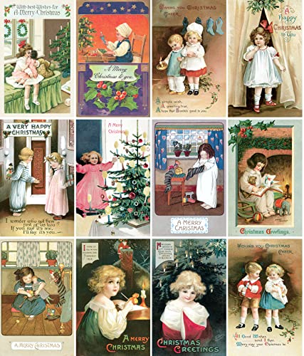 Image of PIXILUV CHRISTMAS CHILDREN (Pack of 12) Notecards Small Greeting Cards # Cute Christmas Children and Sweet Wishes ~ Vintage Christmas Postcards Reprint