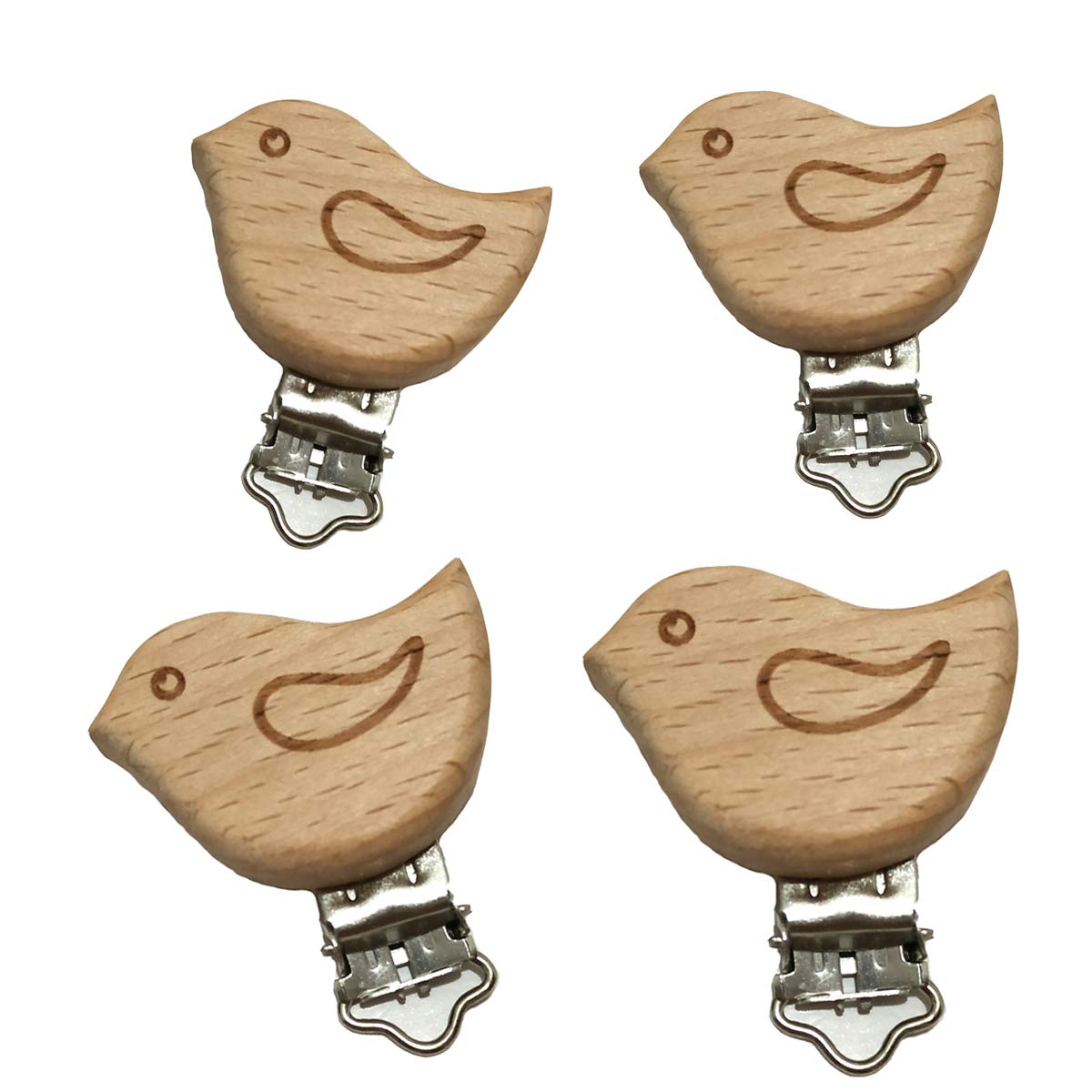 20pcs Natural Wood Suspender Pacifier Clips Cute Beech Wooden Animal Bird Shape Clips DIY Beading Pacifier Chain Accessory