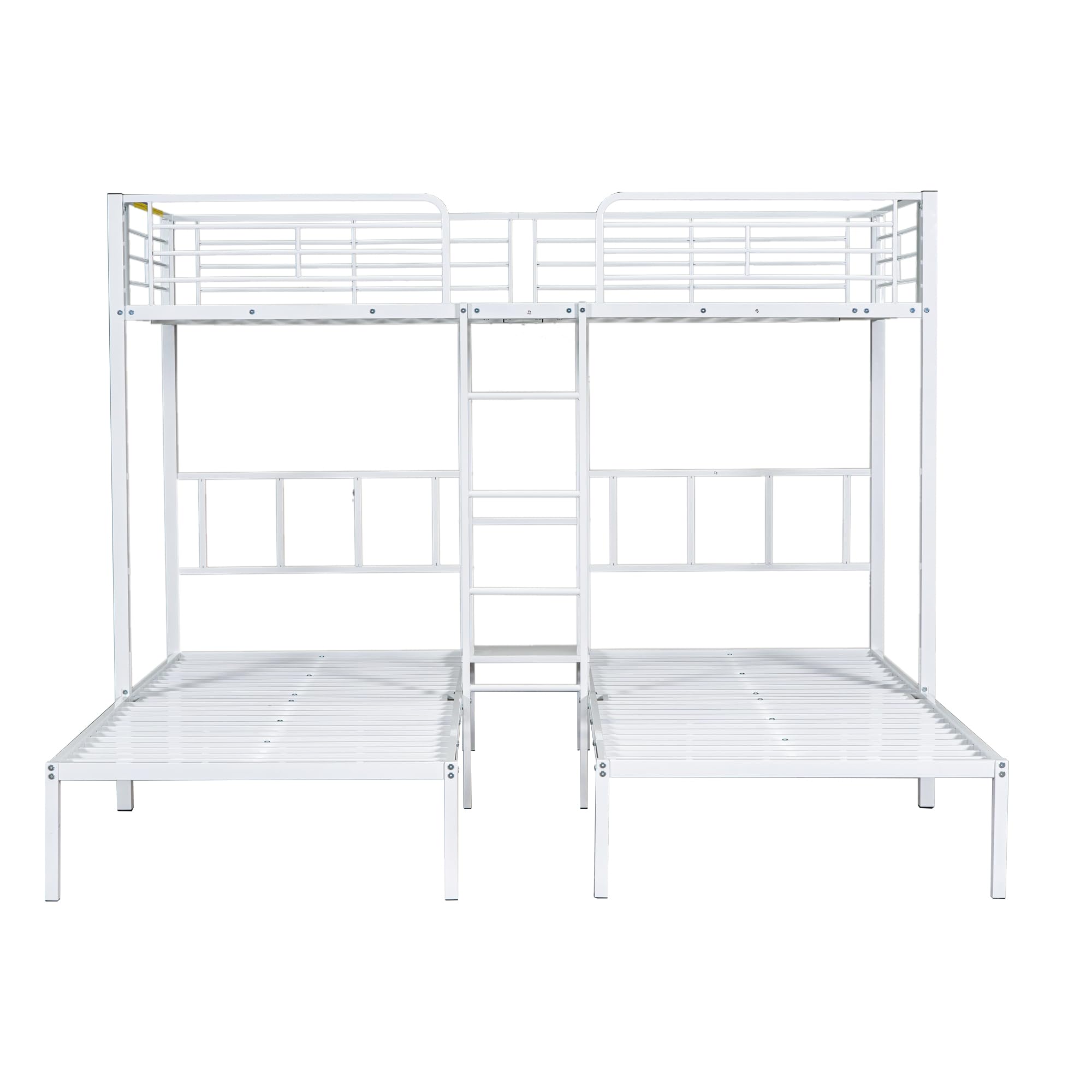 Litera triple con escalera para niños y adolescentes, cama de hierro con rejilla anticaídas y mesa, 90 x 200 cm x 3 (blanco)
