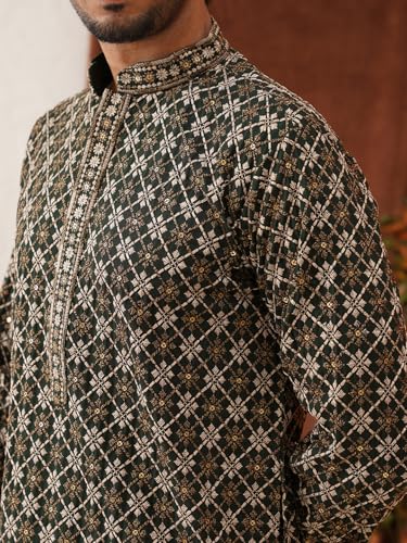 Image of Jompers Olive Embroidered Kurta Pyjama Set For Men (Olive, S)