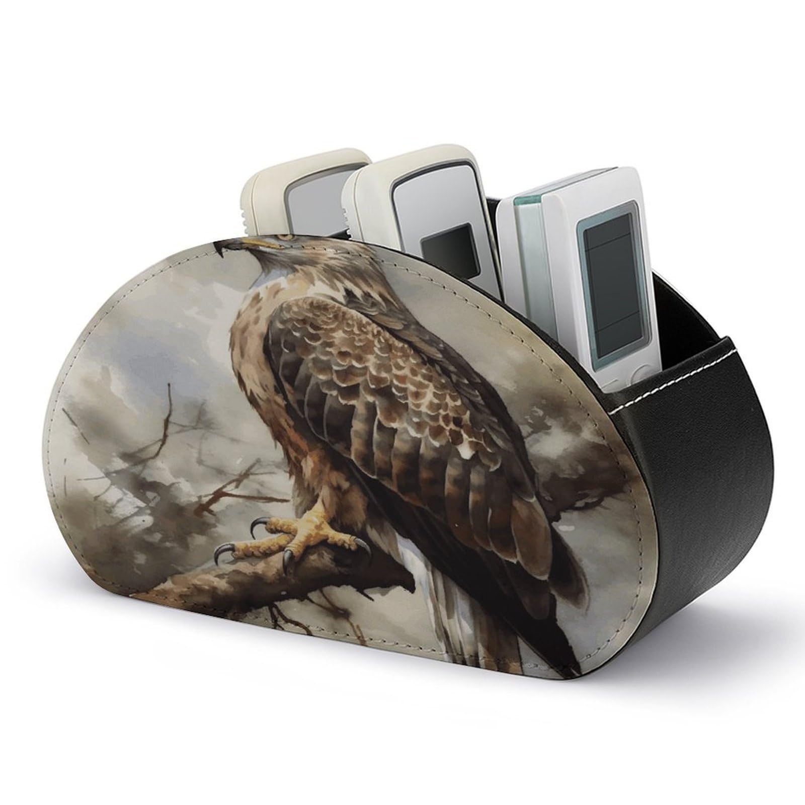 VstaDank Watercolor of Hawk Sitting in The Tree Remote Control Holder with 5 Compartments PU Leather Remote Caddy Desktop Organizer Store TV Remote Control Storage Box for Home Office Desk Nightstand