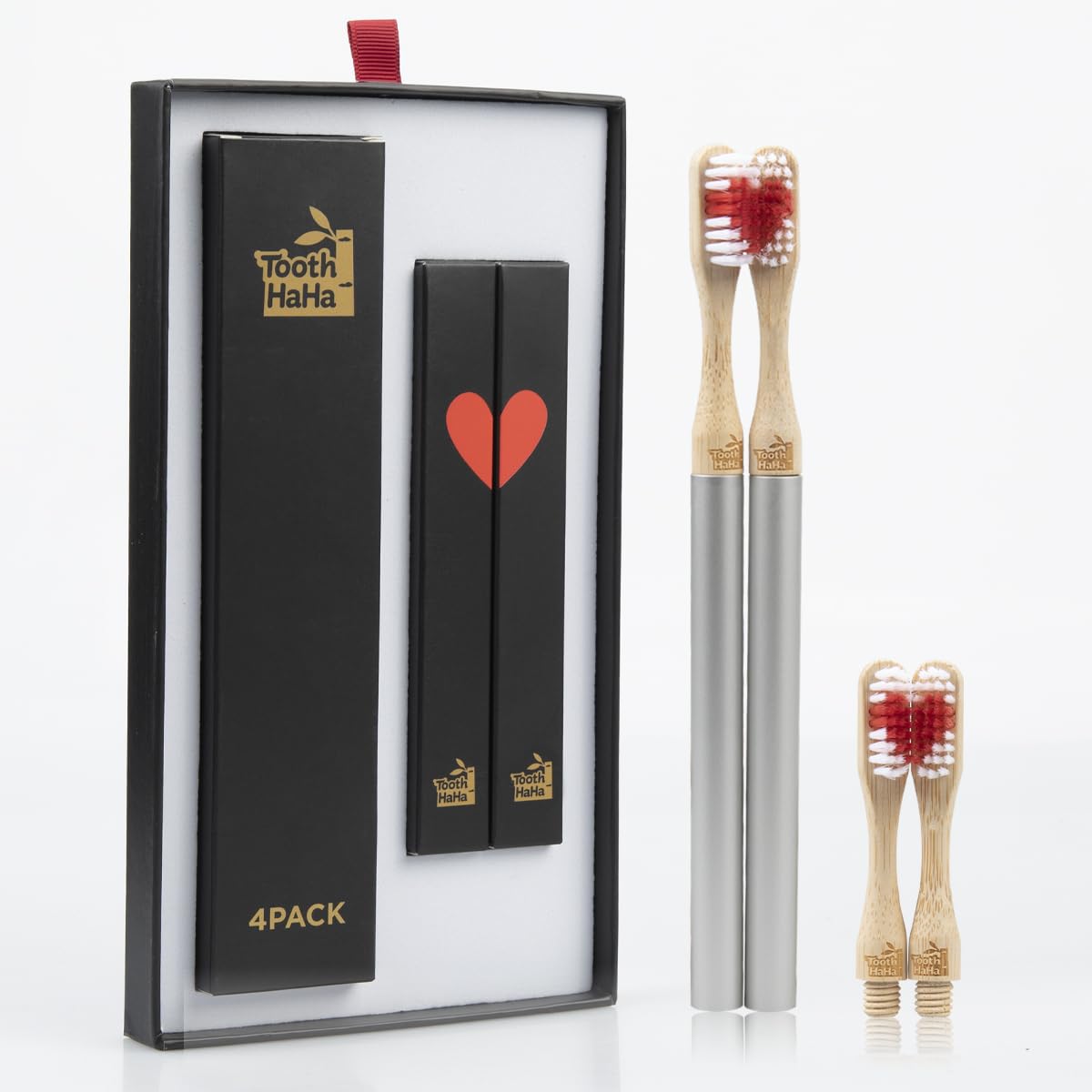 Tooth HaHa Replaceable Brush Head Toothbrush, 2 Aluminum Alloy Handles and 4 Bamboo Brush Heads, BPA-Free, Soft Tapered Bristles, Metal Toothbrush Set
